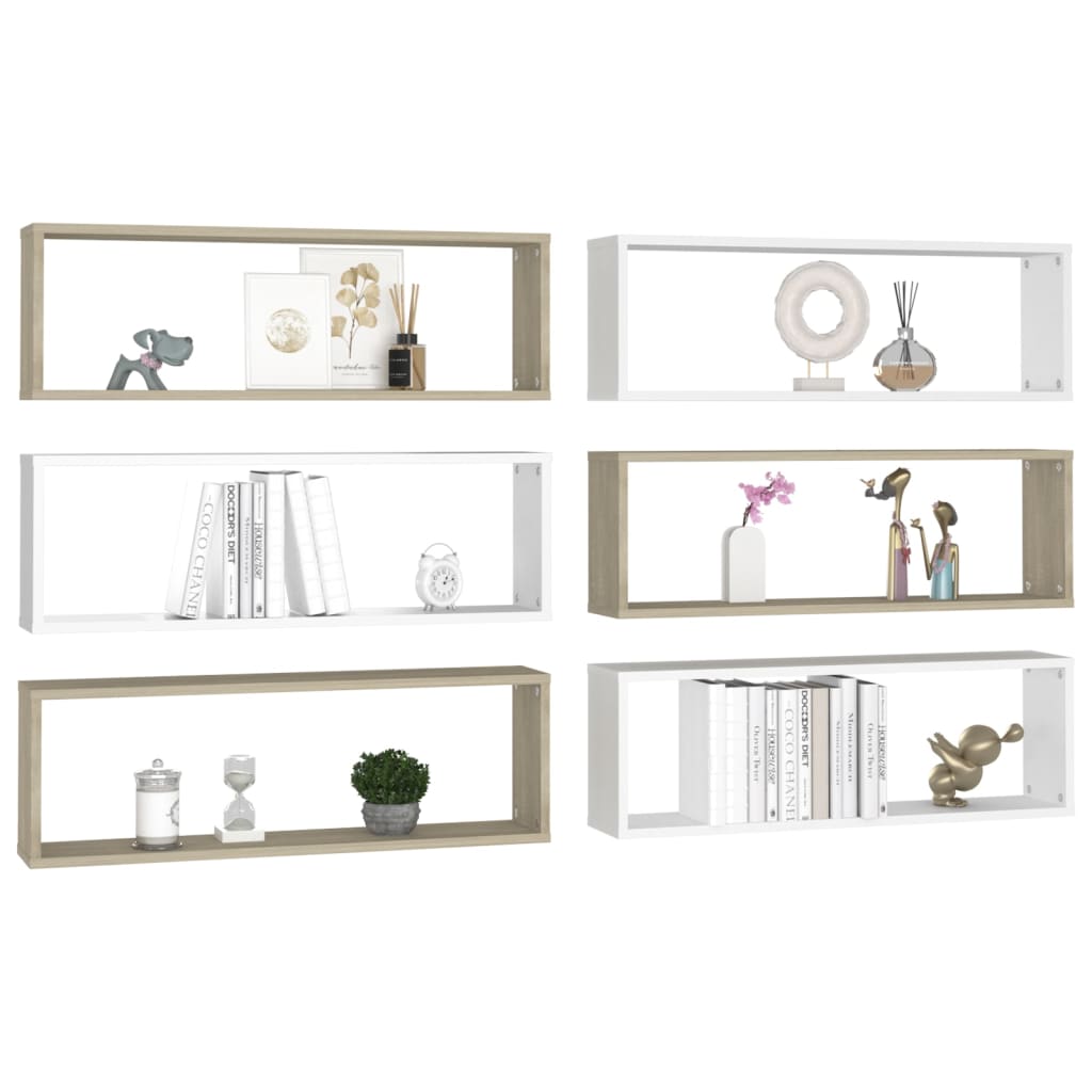 6-Piece Nordic Wall Shelf Set - White & Oak Floating Shelves for Modern Living Room