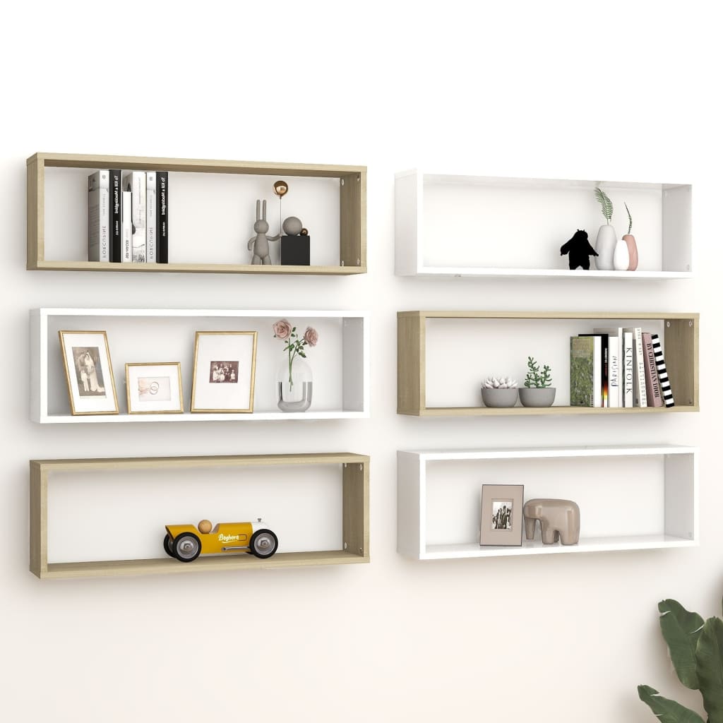 6-Piece Nordic Wall Shelf Set - White & Oak Floating Shelves for Modern Living Room