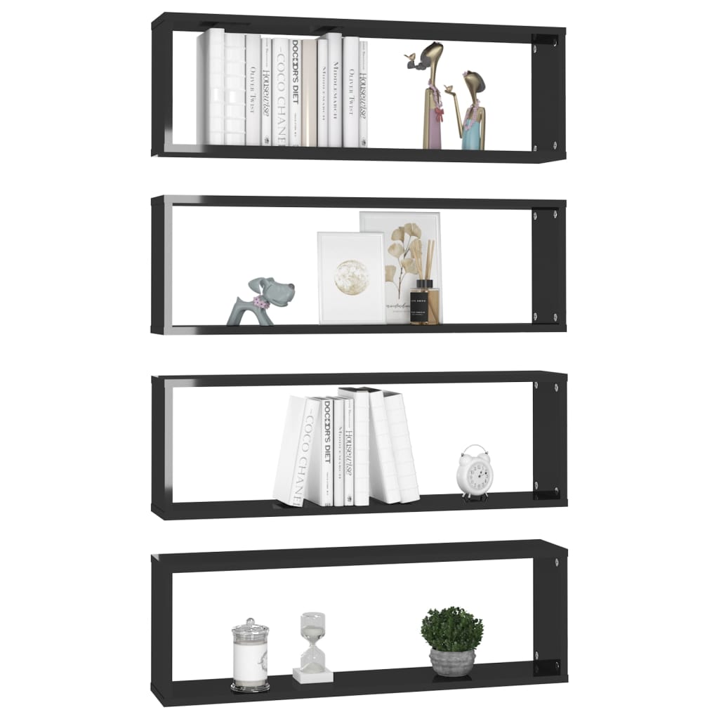 4-Pack Black Floating Cube Shelves - Modern Wall Mounted Storage & Display Organizer