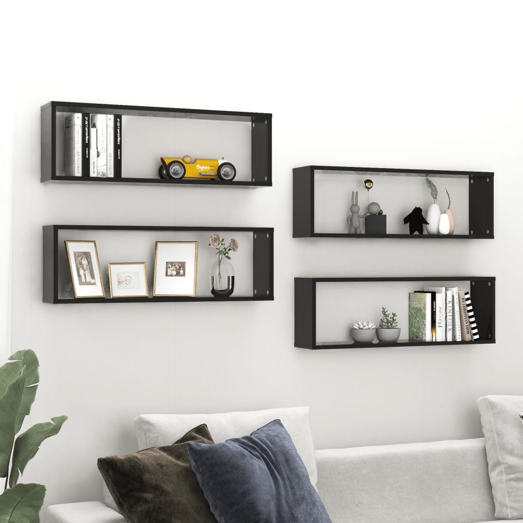 4-Pack Black Floating Cube Shelves - Modern Wall Mounted Storage & Display Organizer